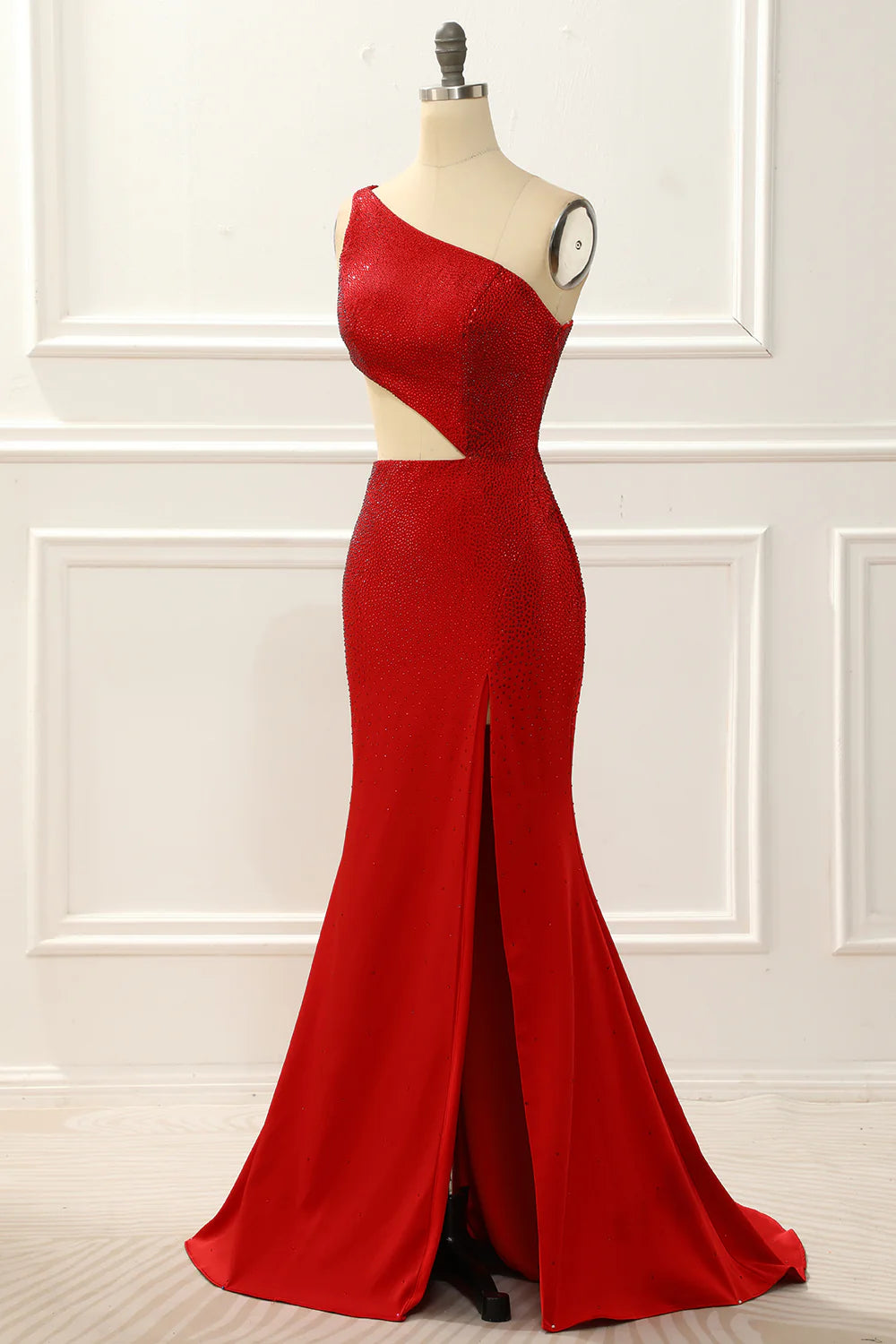 Vestido de fiesta rojo de sirena con un solo hombro y aberturas