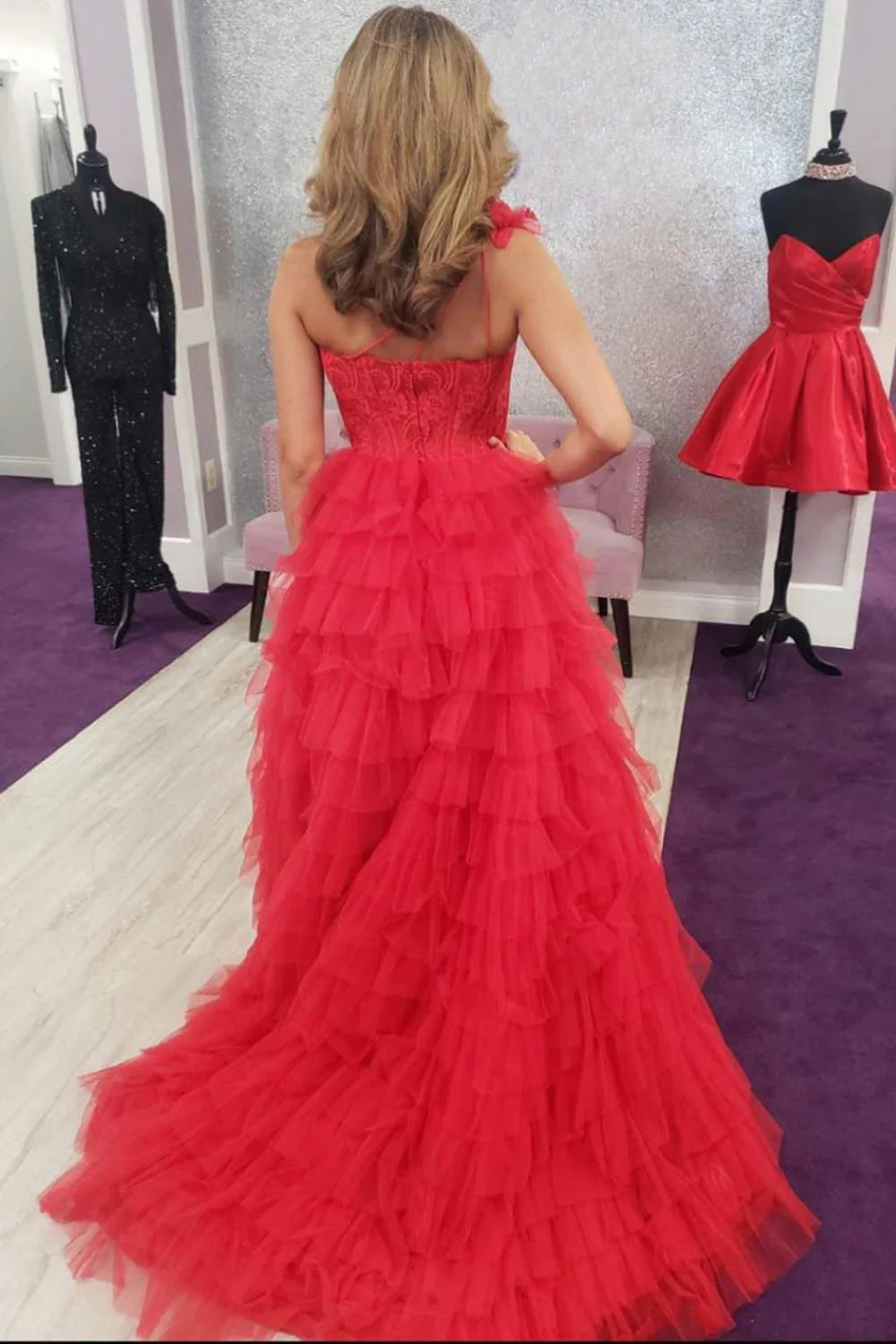 One Shoulder Corset Tiered Long Prom Dress With Ruffles