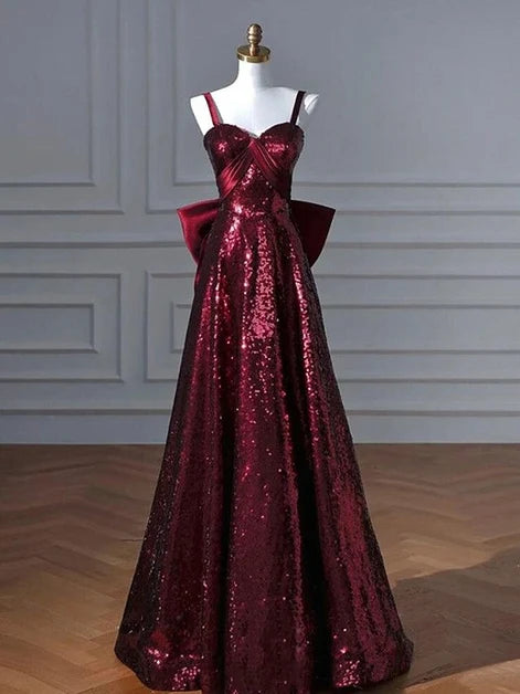 Burgundy Sequin A-Line Sweetheart Low Back with Statement Bow Floor-Length Dress