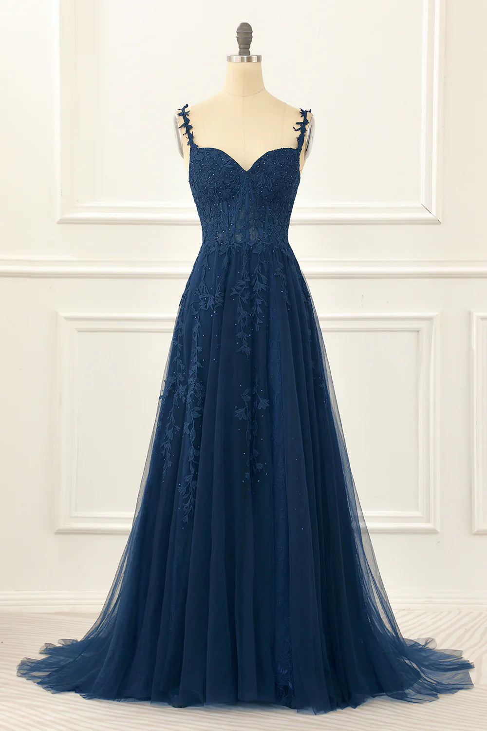 Weitese Dress Navy Tulle A Line Corset Prom Dress With Appliques