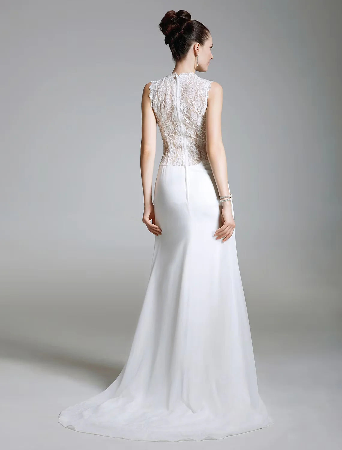 Evening Sweep / Brush Train Sleeveless Illusion Neck Chiffon with Lace Split Front