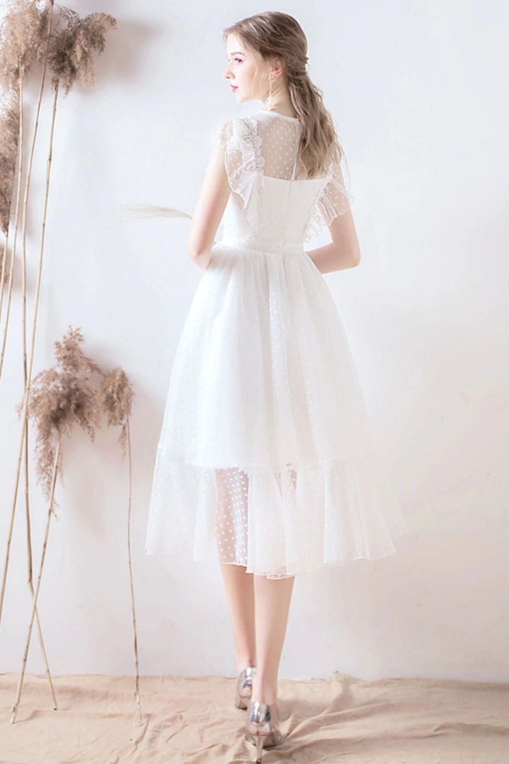 Weitese A Line Jewel White Formal Dress with Lace Ruffles