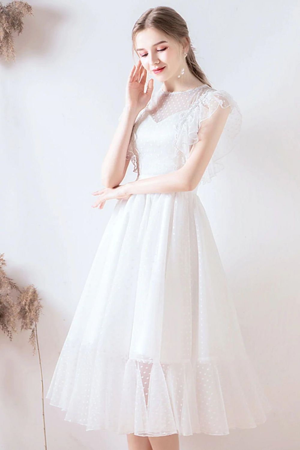 Weitese A Line Jewel White Formal Dress with Lace Ruffles