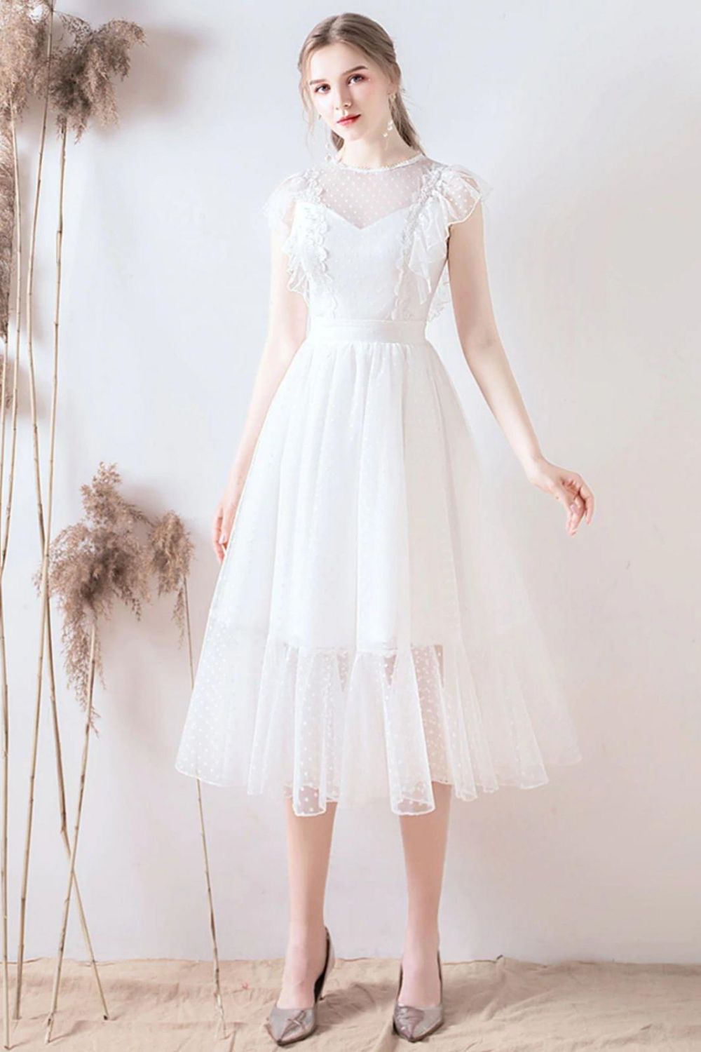 Weitese A Line Jewel White Formal Dress with Lace Ruffles