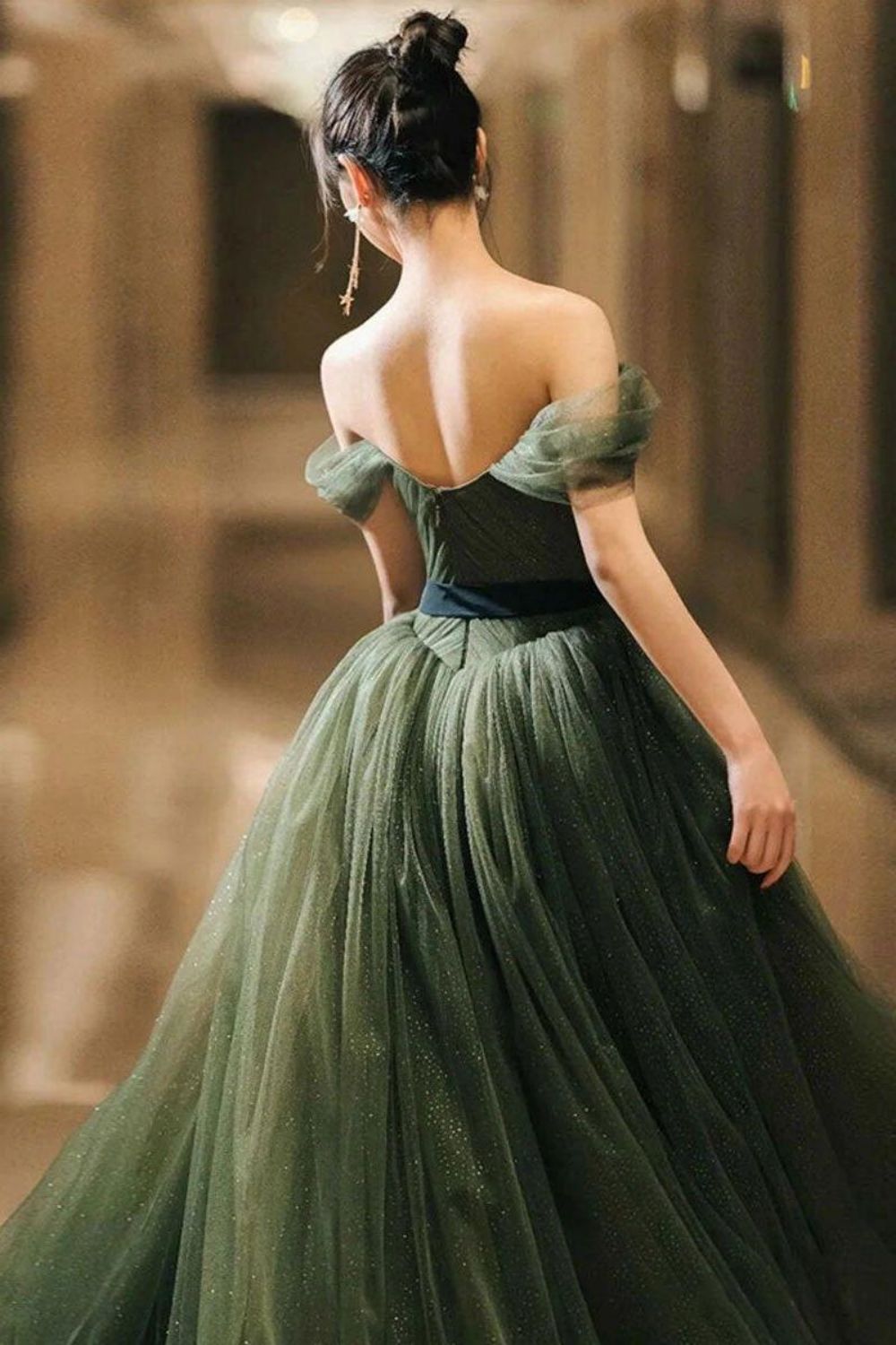 Weitese Elegant A Line Off the Shoulder Dark Green Long Prom Dress