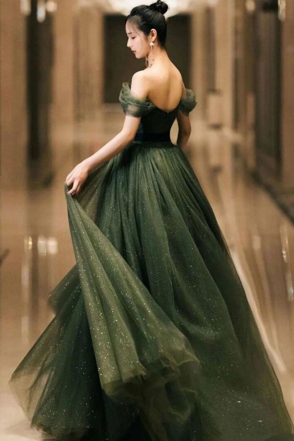 Weitese Elegant A Line Off the Shoulder Dark Green Long Prom Dress