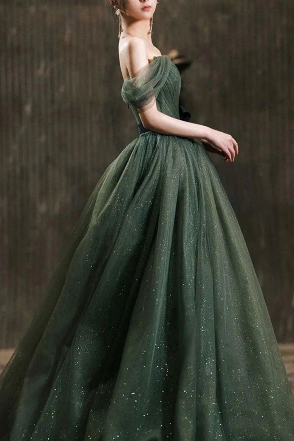 Weitese Elegant A Line Off the Shoulder Dark Green Long Prom Dress