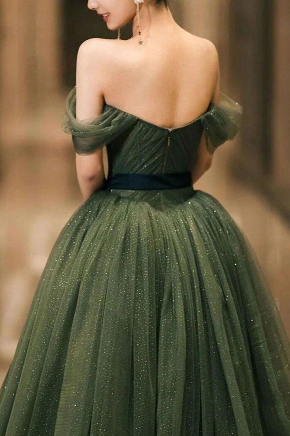 Weitese Elegant A Line Off the Shoulder Dark Green Long Prom Dress