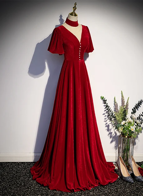 Burgundy Shimmer Velvet A-Line V-Neck Zipper Back Floor-Length Dress