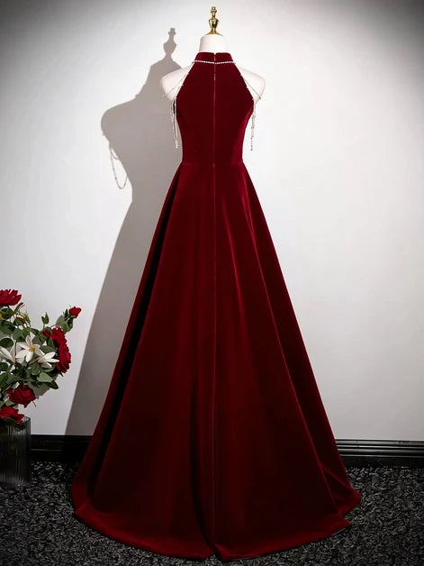 Burgundy Velvet A-Line Halter Zipper Back Floor-Length Dress