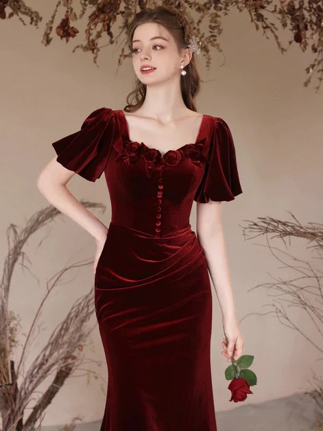 Burgundy Velvet Mermaid Sweetheart Lace-Up Back Floor-Length Dress