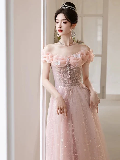 Blushing Pink Glitter Tulle A-Line Off-the-Shoulder Floor-Length Dress