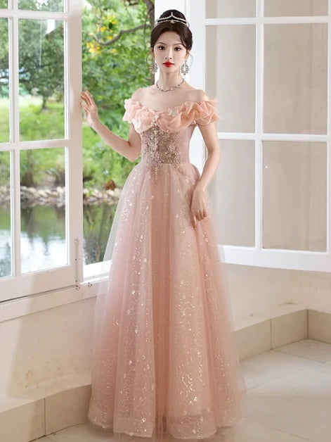 Blushing Pink Glitter Tulle A-Line Off-the-Shoulder Floor-Length Dress