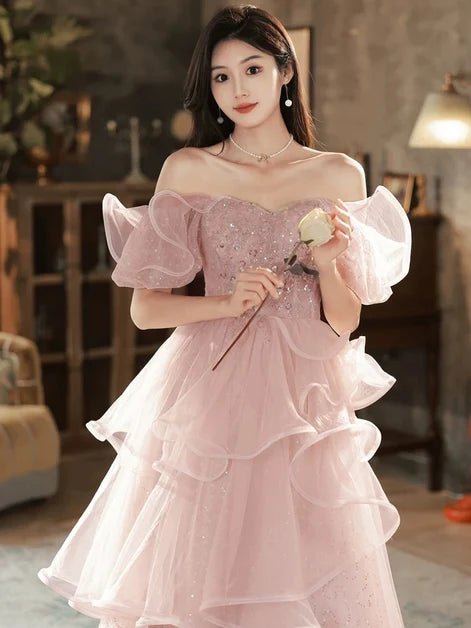 Blushing Pink Glitter Tulle & Sequins A-Line Off-the-Shoulder Floor-Length Dress