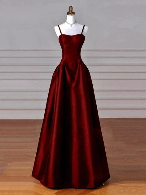 Burgundy Satin A-Line Sweetheart Lace-Up Back Floor-Length Dress