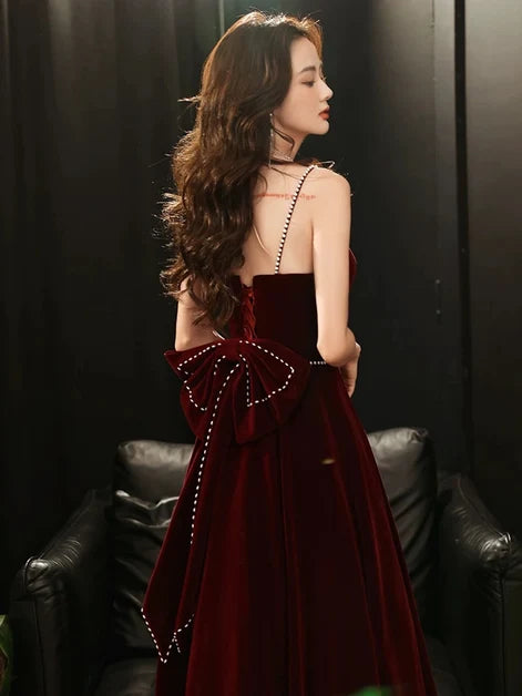 Burgundy Velvet A-Line Straight Across Lace-Up Back Floor-Length Dress