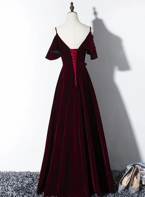 Burgundy Velvet Spaghetti Strap Cold Shoulder Gown