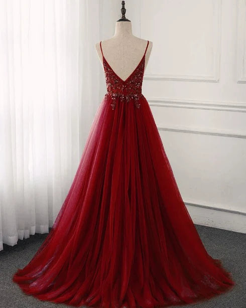 Burgundy Spaghetti Strap V Neck Beaded A Line Tulle Prom Dress