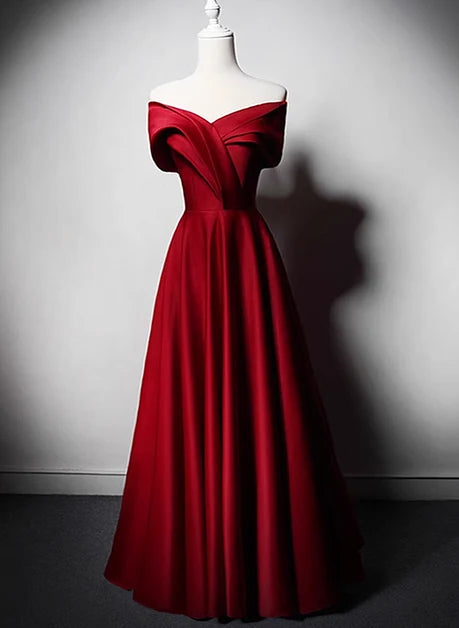 Burgundy Satin A-Line Off-the-Shoulder Lace-Up Back Floor-Length Dress
