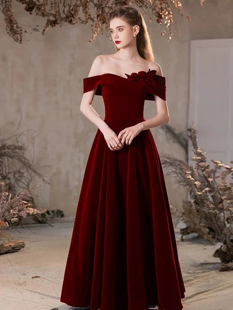 Burgundy Velvet A-Line Off-the-Shoulder Lace-up Back Floor-Length Dress