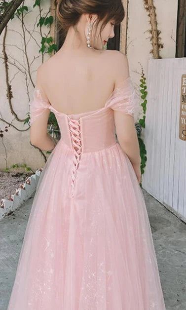 Blush Pink Star Glitter Tulle A Line Prom Dress Off Shoulder Puff Sleeve