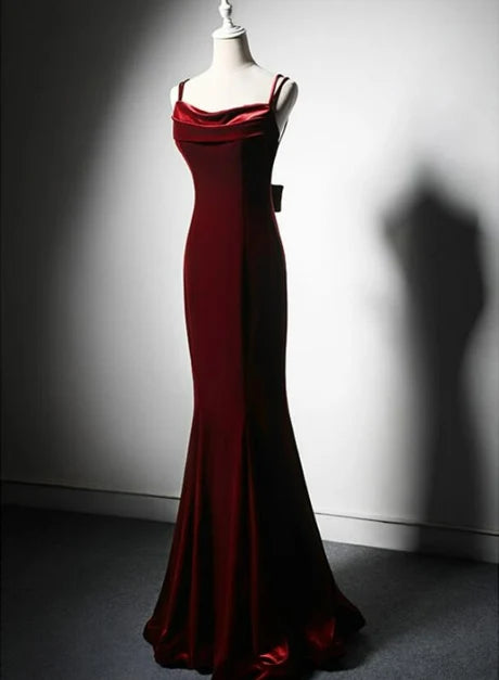 Burgundy Cowl Neck Velvet Mermaid Prom Dress Double Spaghetti Straps Big Bow Back