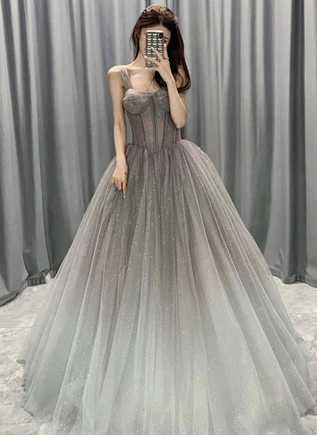 Grey Ombre Spaghetti Strap Corset Glitter Tulle Ball Gown