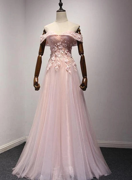 Blush Off Shoulder Tulle Gown with Floral Appliqués