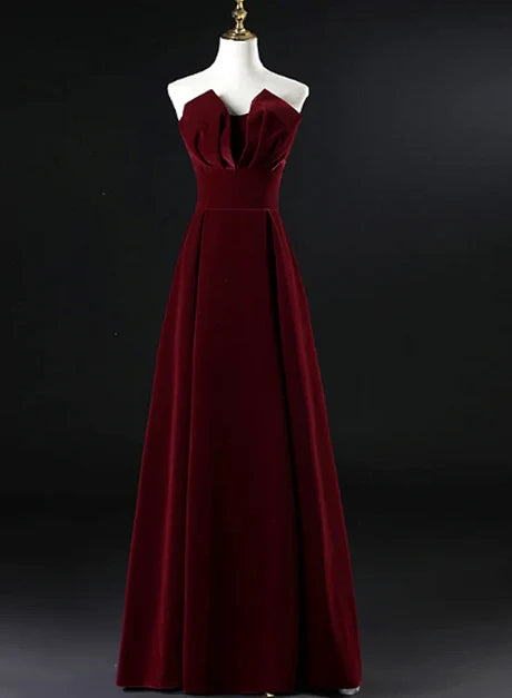 Burgundy Strapless Fold Velvet A Line Formal Evening Dress