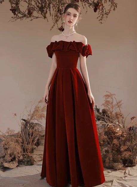 Burgundy Off The Shoulder Velvet Prom Dress With Ruffled Neckline