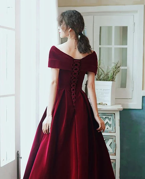 Classic A-line Off Shoulder Short Sleeve Lace Up Back Midi Prom Dress