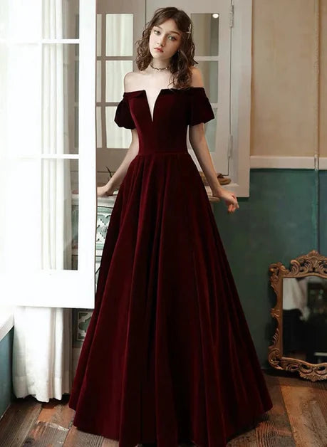 Burgundy Velvet A-Line Off-the-Shoulder Zipper Back Floor-Length Dress