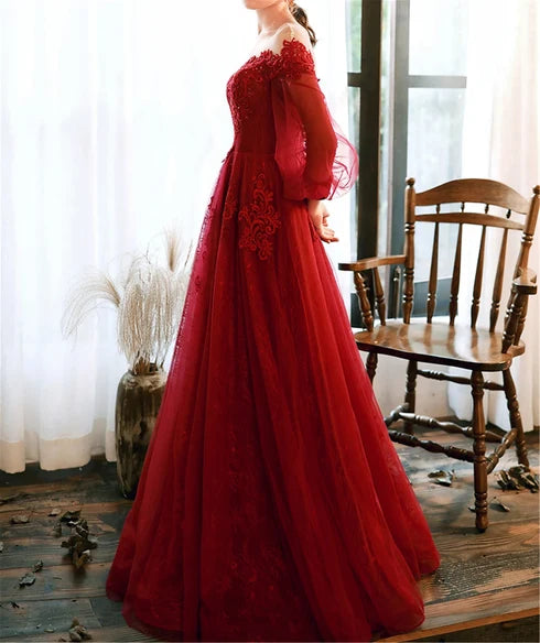 Burgundy Tulle Lace A-Line Illusion Neck Lace-Up Back Floor-Length Dress