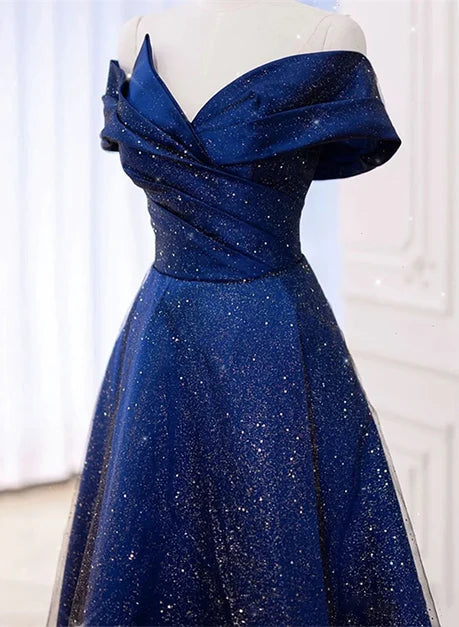 Royal Blue Glitter Tulle A-Line Off-the-Shoulder Zipper Back Floor-Length Dress