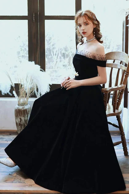Black Velvet A-Line Off-the-Shoulder Lace-Up Back Ankle-Length Dress