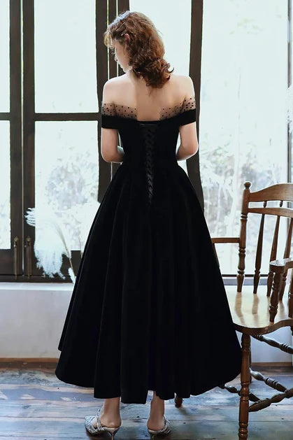 Black Velvet A-Line Off-the-Shoulder Lace-Up Back Ankle-Length Dress