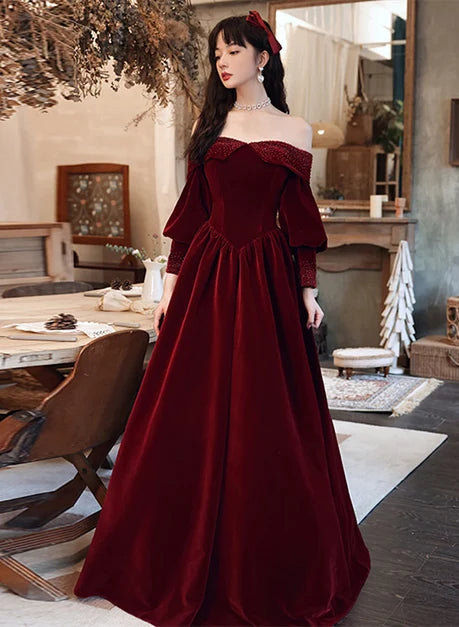 Burgundy Velvet A-Line Off-the-Shoulder Lace-Up Back Floor-Length Dress