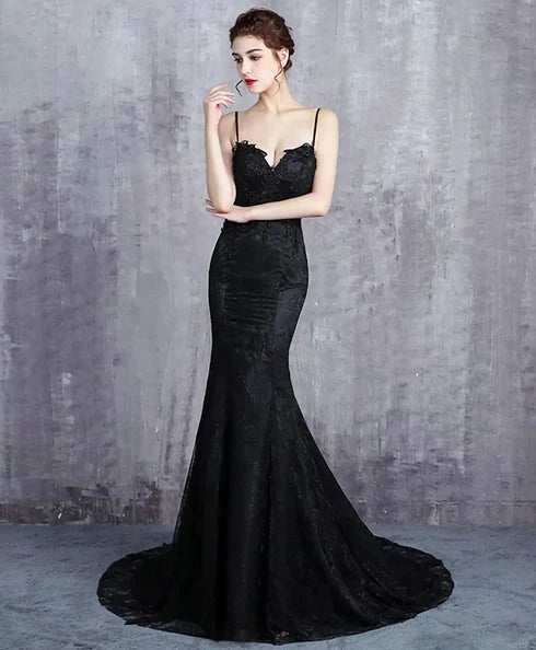 Black Lace Mermaid Sweetheart Open Back Floor-Length Dress