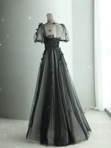 Black Tulle A-Line Illusion Neck Keyhole Back Floor-Length Dress