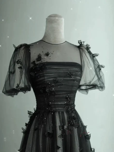 Black Tulle A-Line Illusion Neck Keyhole Back Floor-Length Dress
