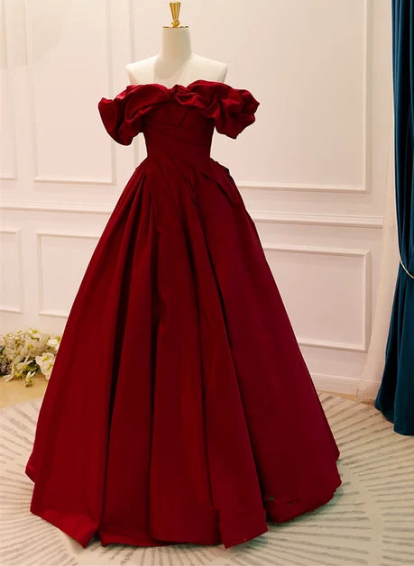 Burgundy Satin Ball Gown Off-the-Shoulder Lace-Up Back Floor-Length Dress