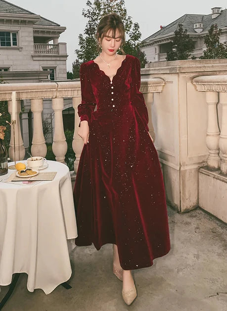 Burgundy Glitter Velvet A-Line V-Neck V-Back Ankle-Length Dress