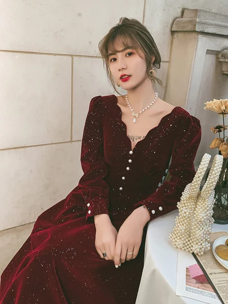 Burgundy Glitter Velvet A-Line V-Neck V-Back Ankle-Length Dress