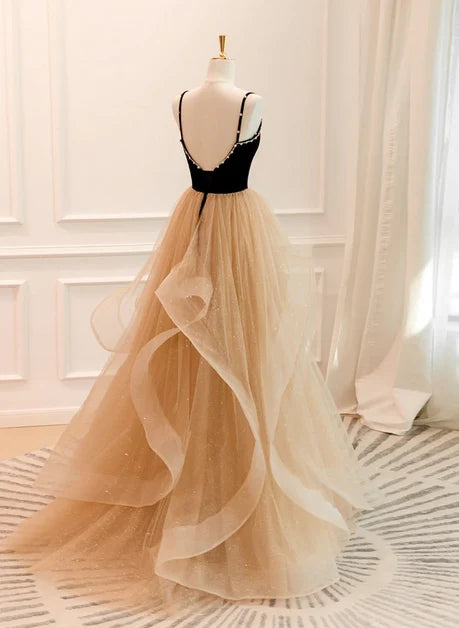 Champagne Glitter Tulle & Velvet Ball Gown Sweetheart Floor-Length Dress