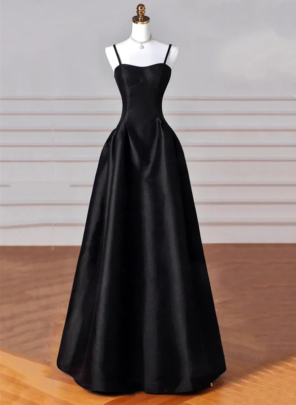 A-Line Black Straps Satin Long Prom Dress