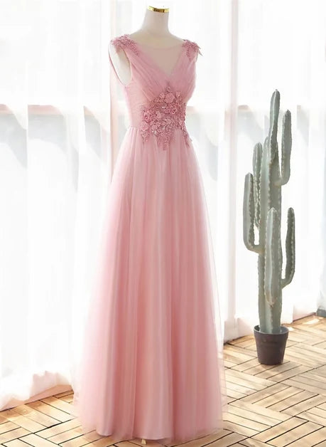 Blushing Pink Tulle A-Line V-Neck Lace-up Floor-Length Dress