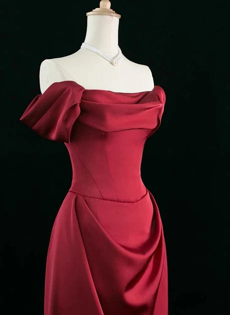 Burgundy Satin Sheath Off-the-Shoulder Zipper Back Floor-Length Dress