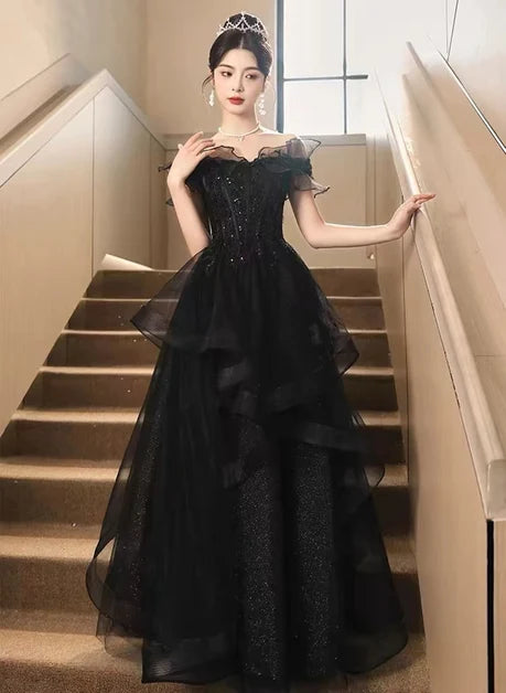 Black Sequin Tulle A-Line Off-the-Shoulder Zipper Back Floor-Length Dress