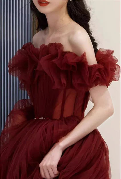 Burgundy Tulle Ball Gown Off-the-Shoulder Zipper Back Floor-Length Dress
