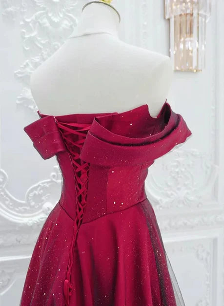 Burgundy Glitter Fabric A-Line Off-the-Shoulder Lace-up Floor-Length Dress
